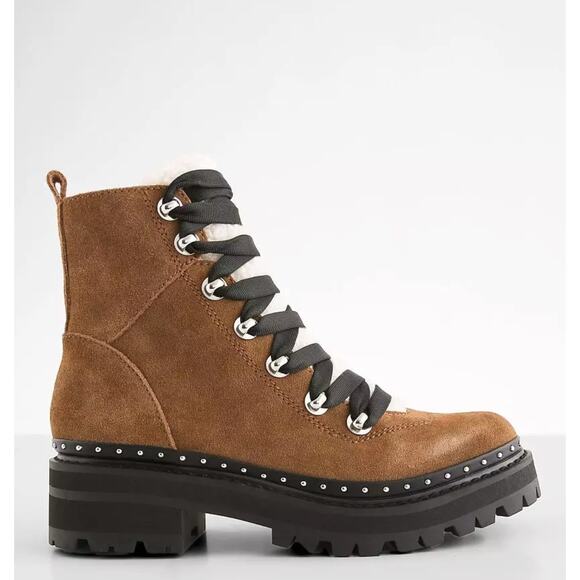STEVE MADDEN Rainier Cognac Suede Lug Sole Lace-Up Platform Ankle Boots 5.5 - Picture 3 of 11